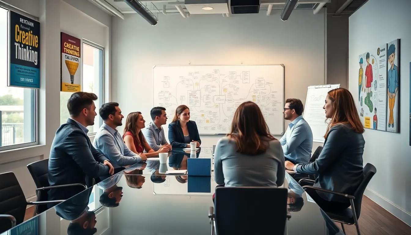 diverse professionals brainstorming in a modern office setting.