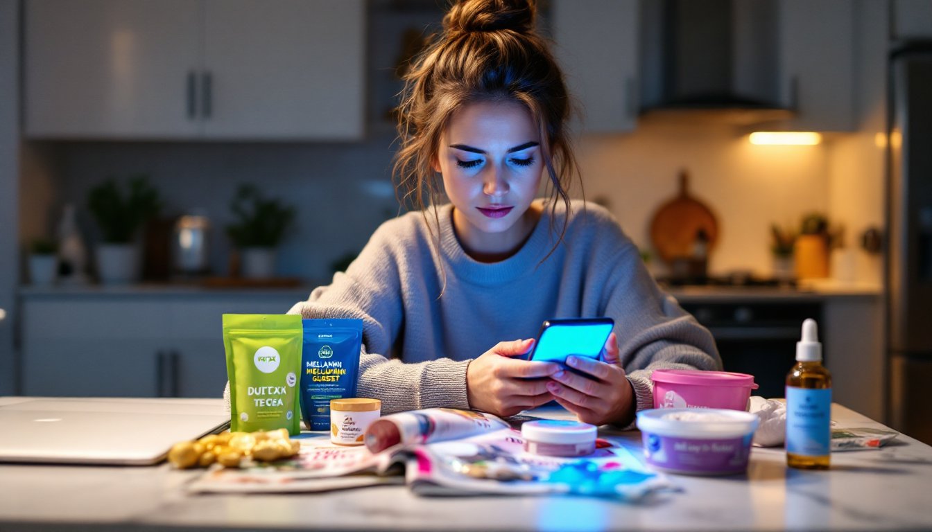 A tired woman at night skeptically examining trendy wellness products scattered on her kitchen counter.