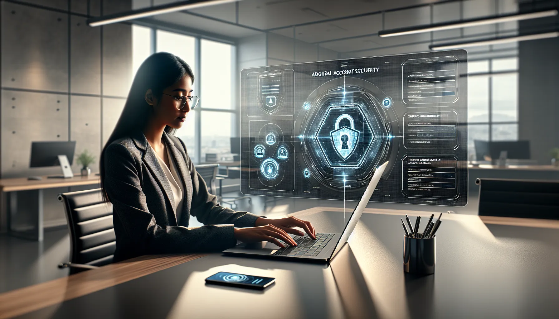 Professional reviewing Binance security dashboard with device management and anti-phishing settings in modern office.