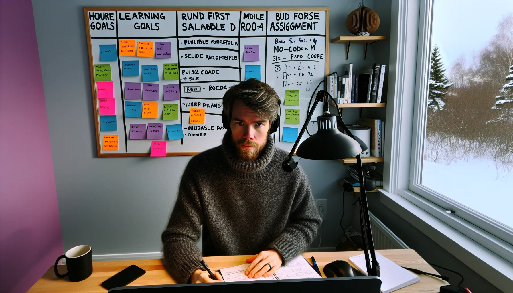 Norwegian creator plans modular online course with mic, timeline, and checklists.