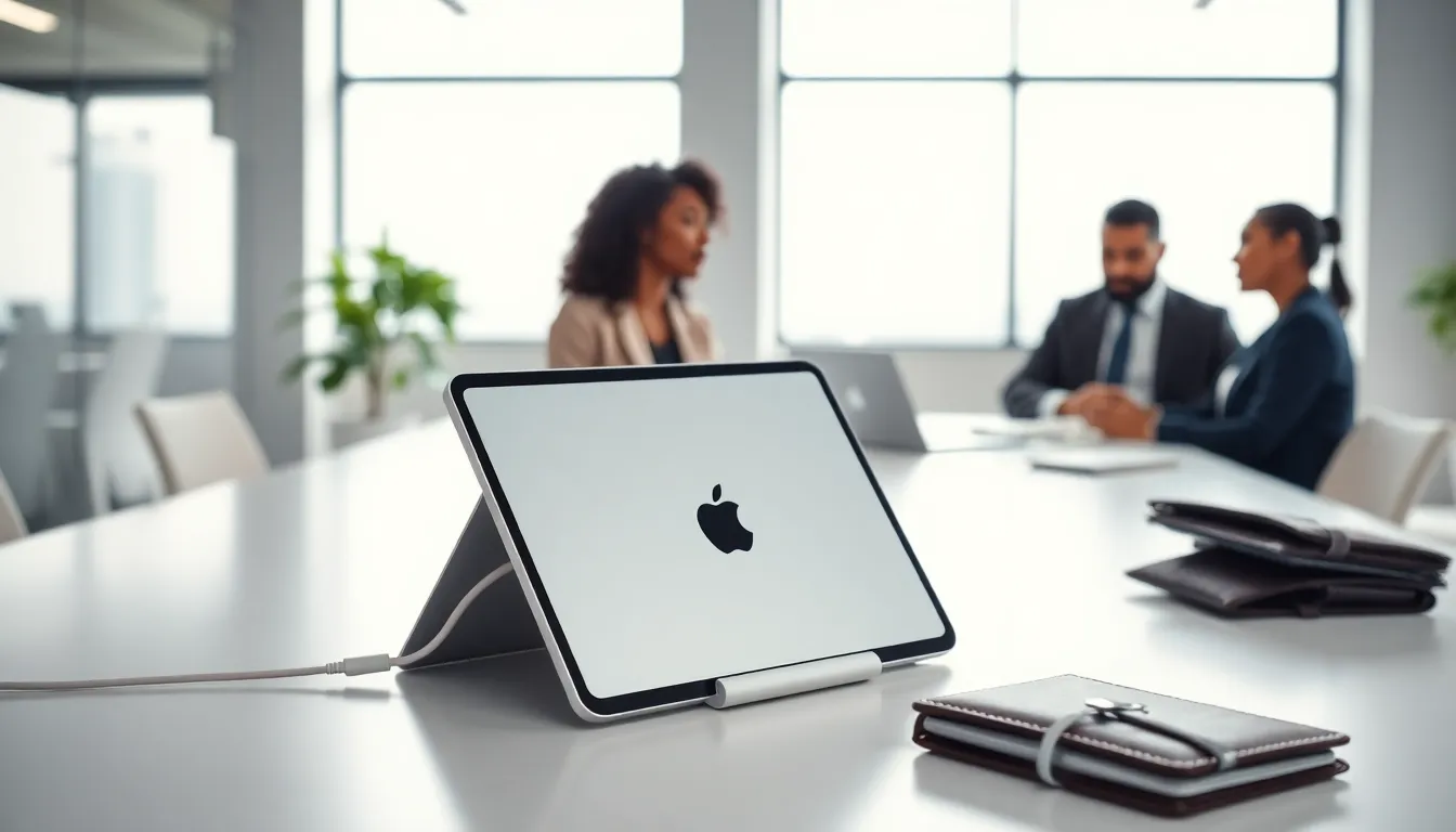 iPad with MagSafe charger and accessories on a modern desk.