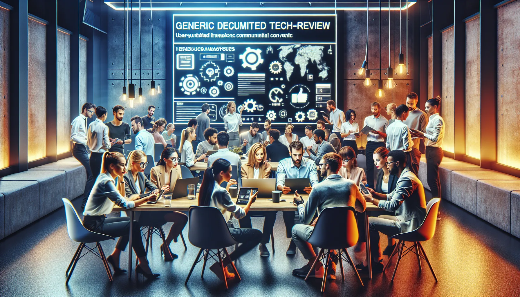 diverse group of tech enthusiasts discussing reviews in a modern meeting room.