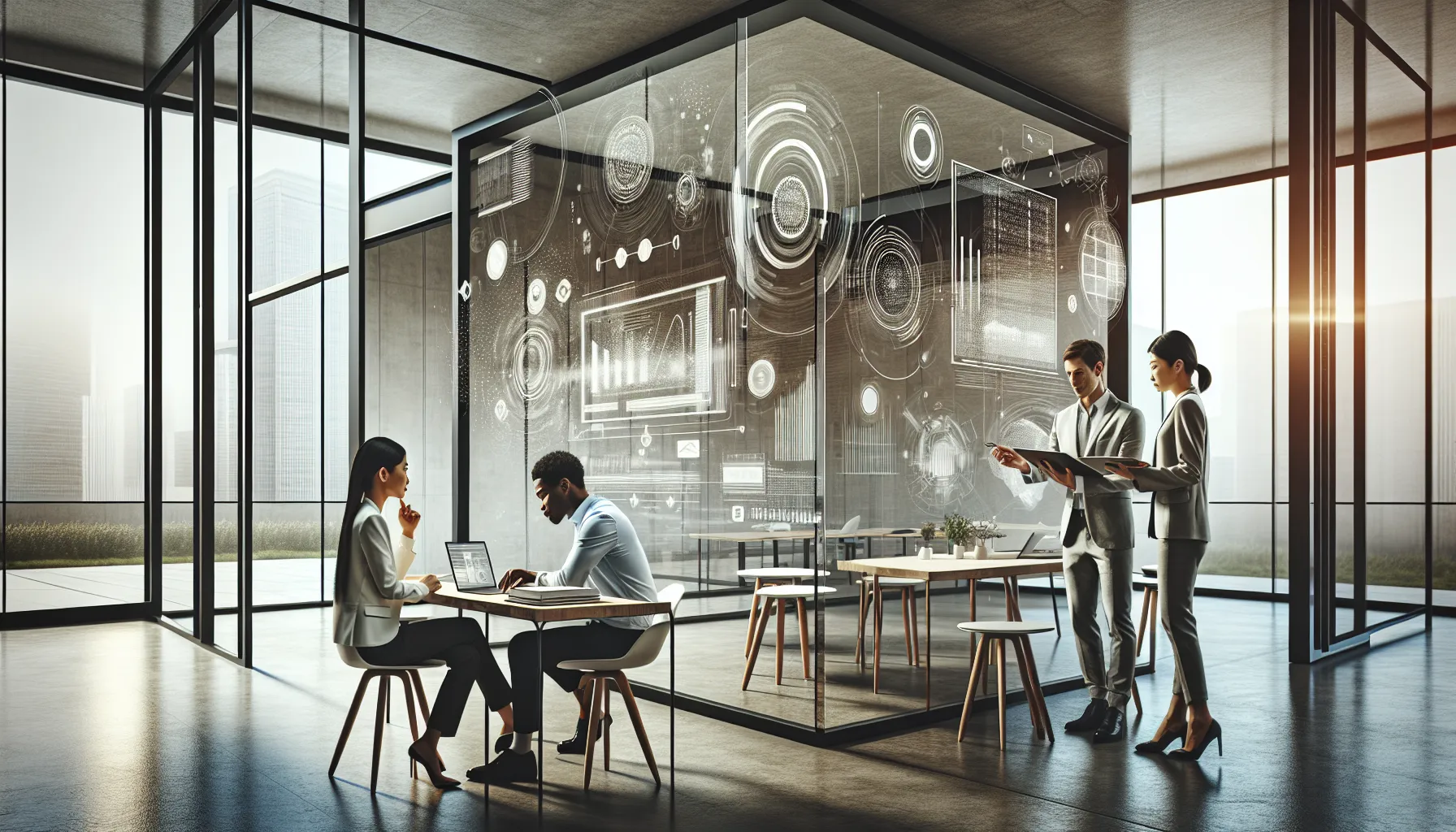 a diverse team collaborating in a modern office around laptops.
