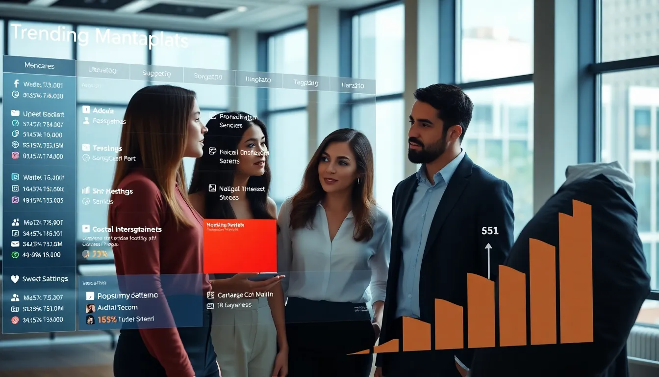 digital dashboard showing trending topics with professionals analyzing the data.