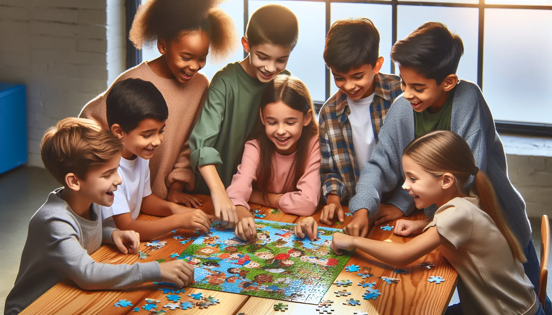 diverse children enjoying puzzling together at a wooden table.
