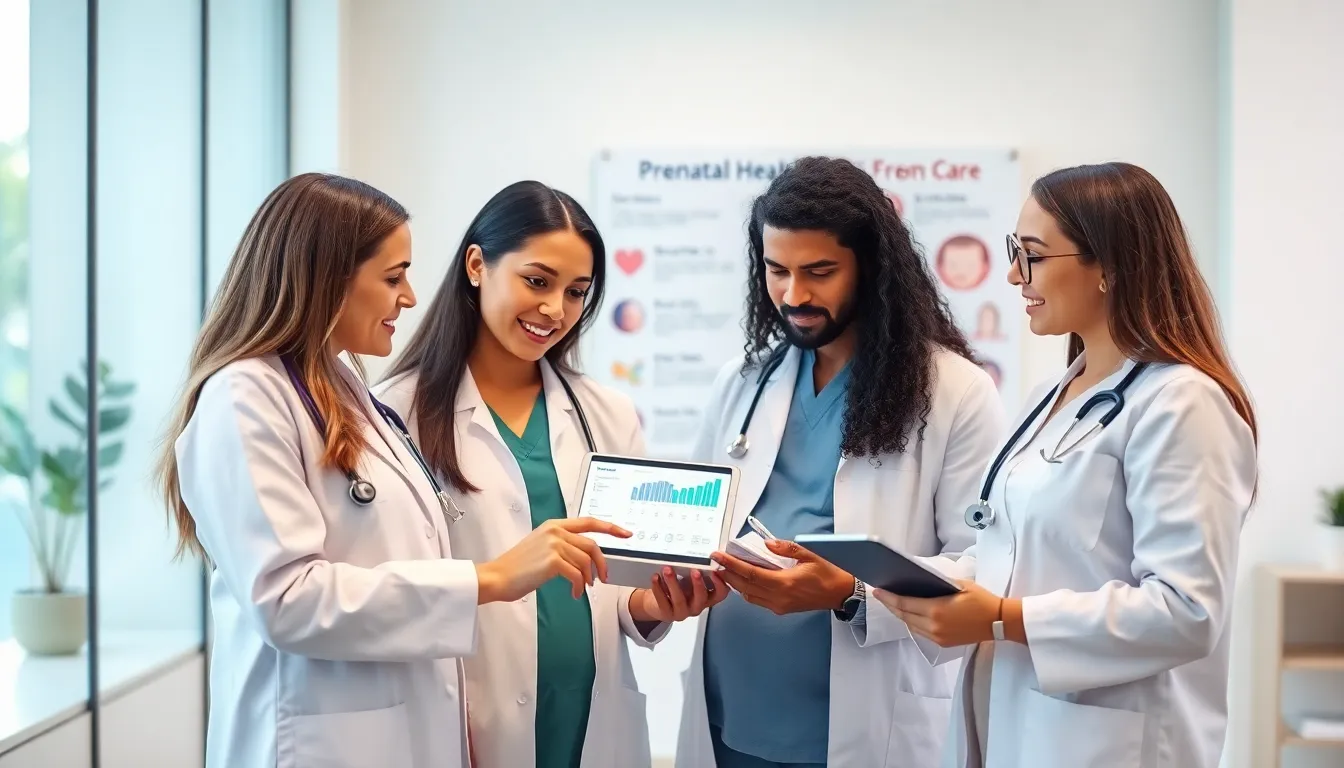 healthcare team discussing prenatal care in a modern clinic.