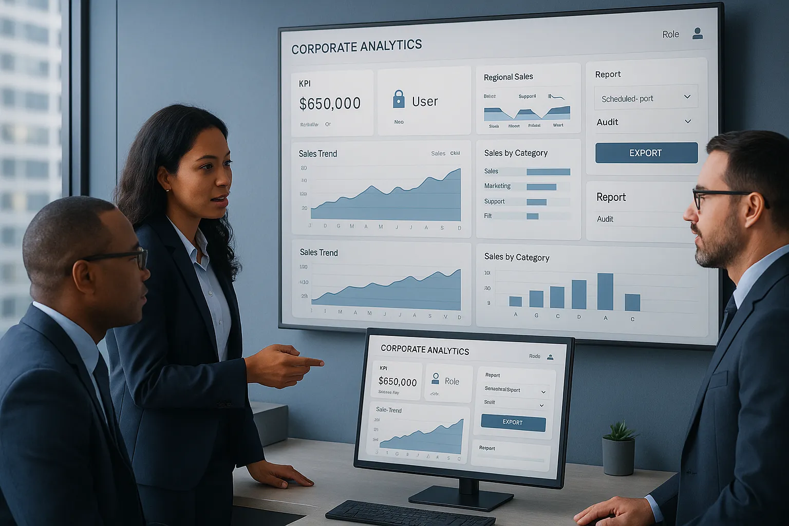 Professionals reviewing a secure business dashboard and reports in a modern office.