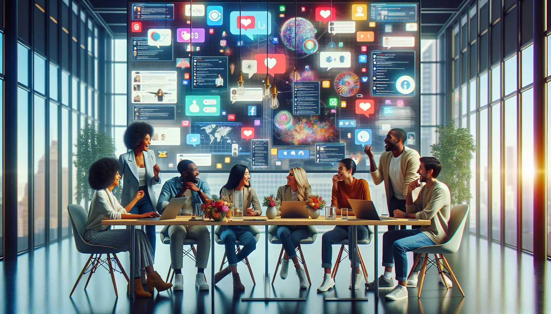 diverse group discussing Kdraydink in a modern office.