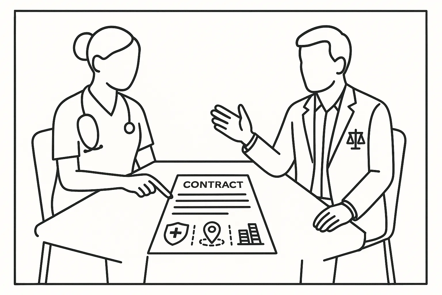 Nurse practitioner and attorney reviewing a contract with insurance, noncompete, and pay icons of Nurse Practitioner Contract Attorney