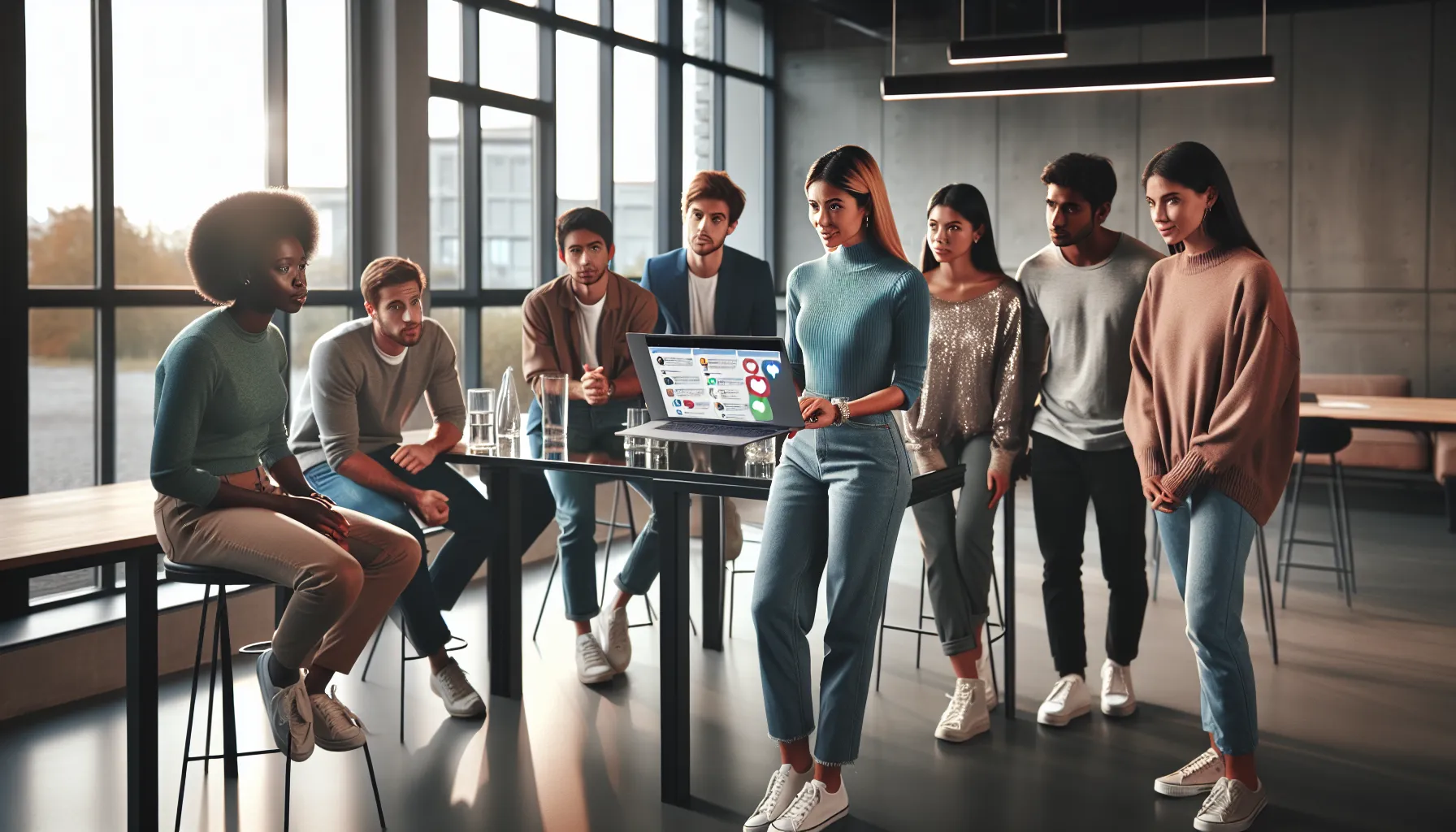 diverse team discussing fan reactions in a modern office.