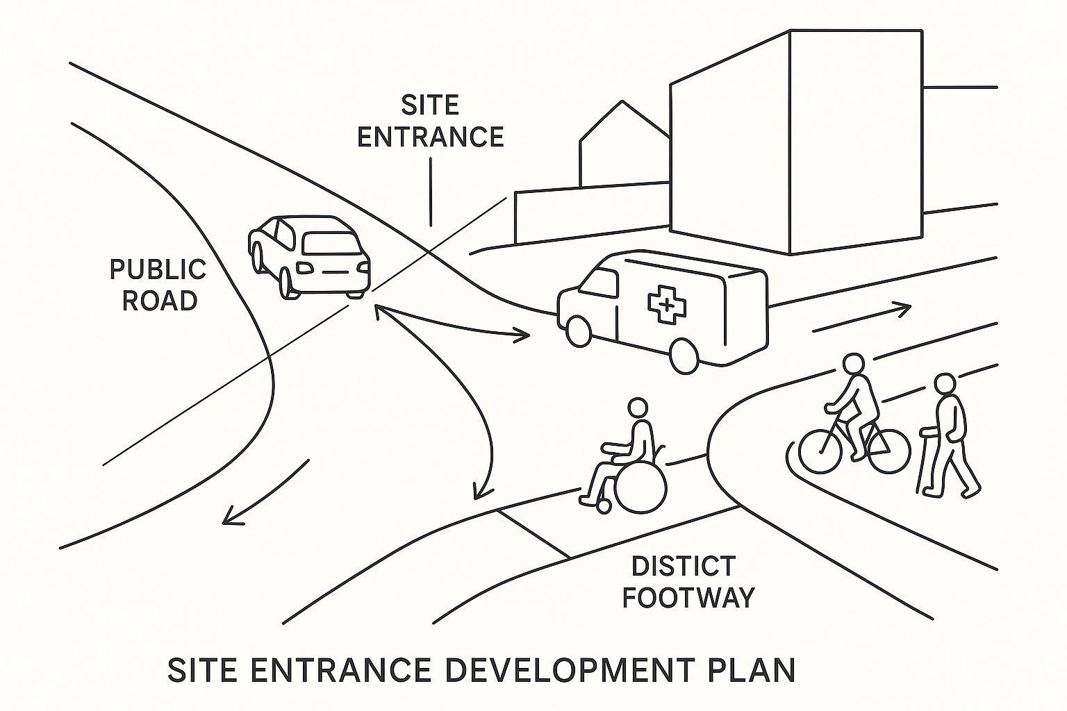 Site entrance design showing safe access for cars, cyclists, and pedestrians.