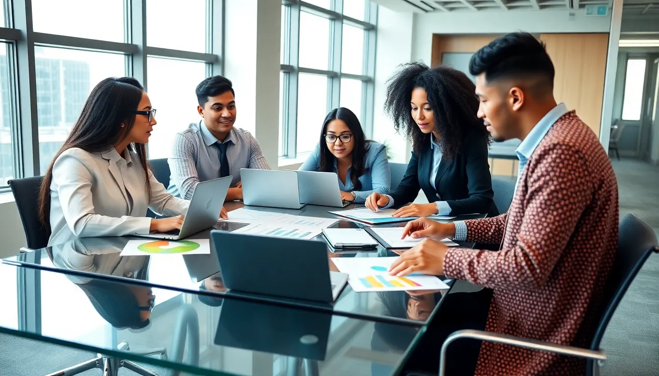 diverse team discussing college savings in a modern office.