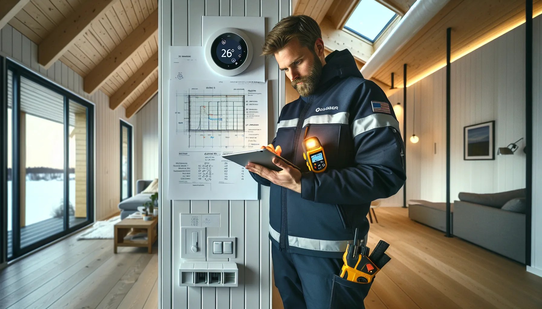 Technician evaluates heat pump sizing in a norwegian living room during winter.