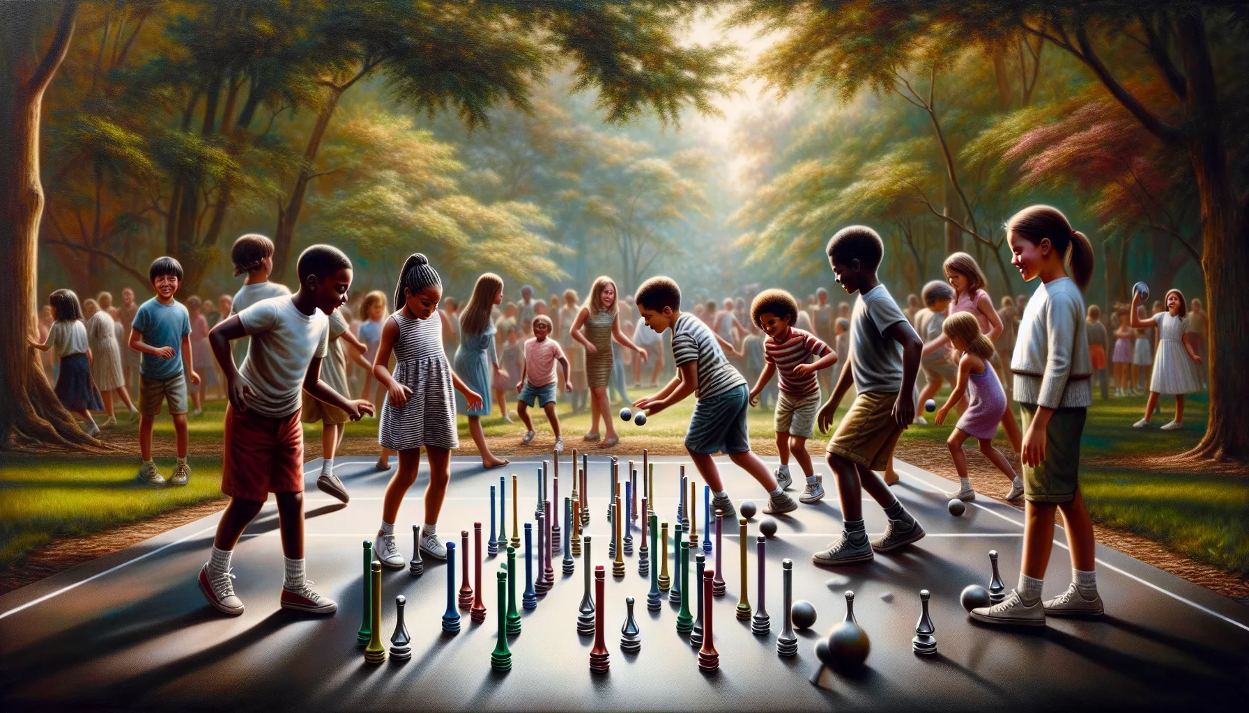 diverse children playing with colorful jacks in a modern playground.