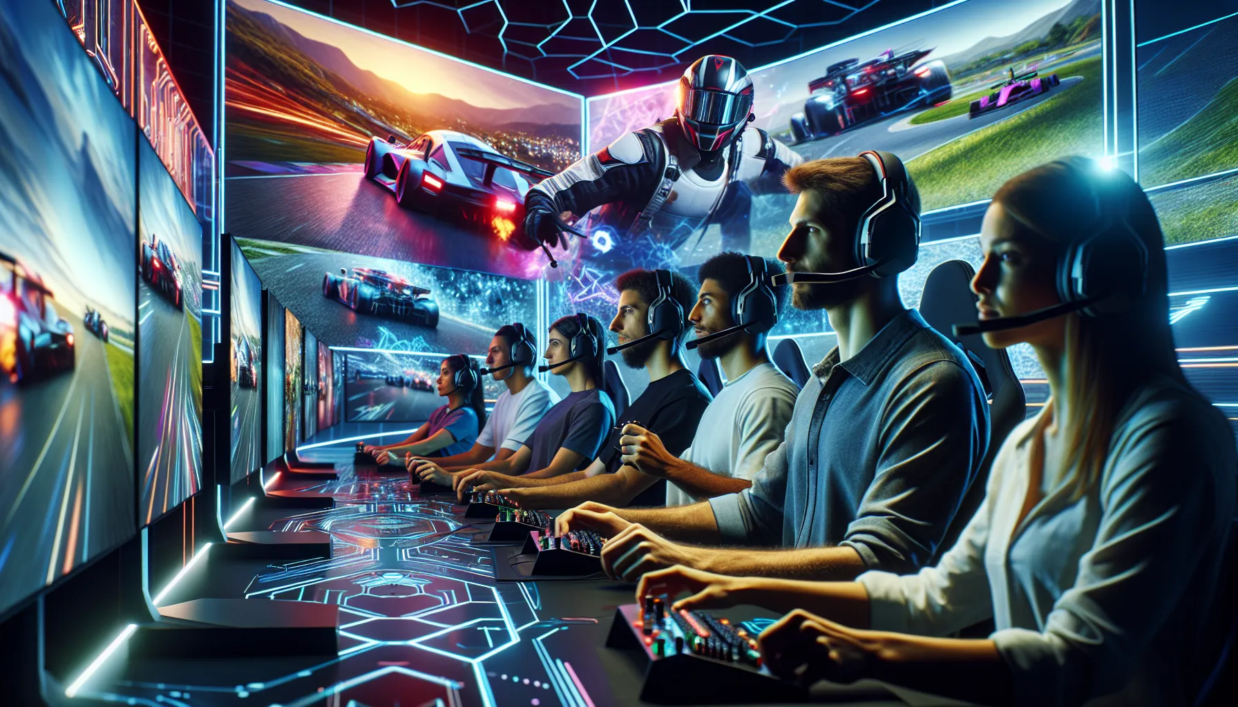 diverse gamers in a high-tech studio for virtual racing.