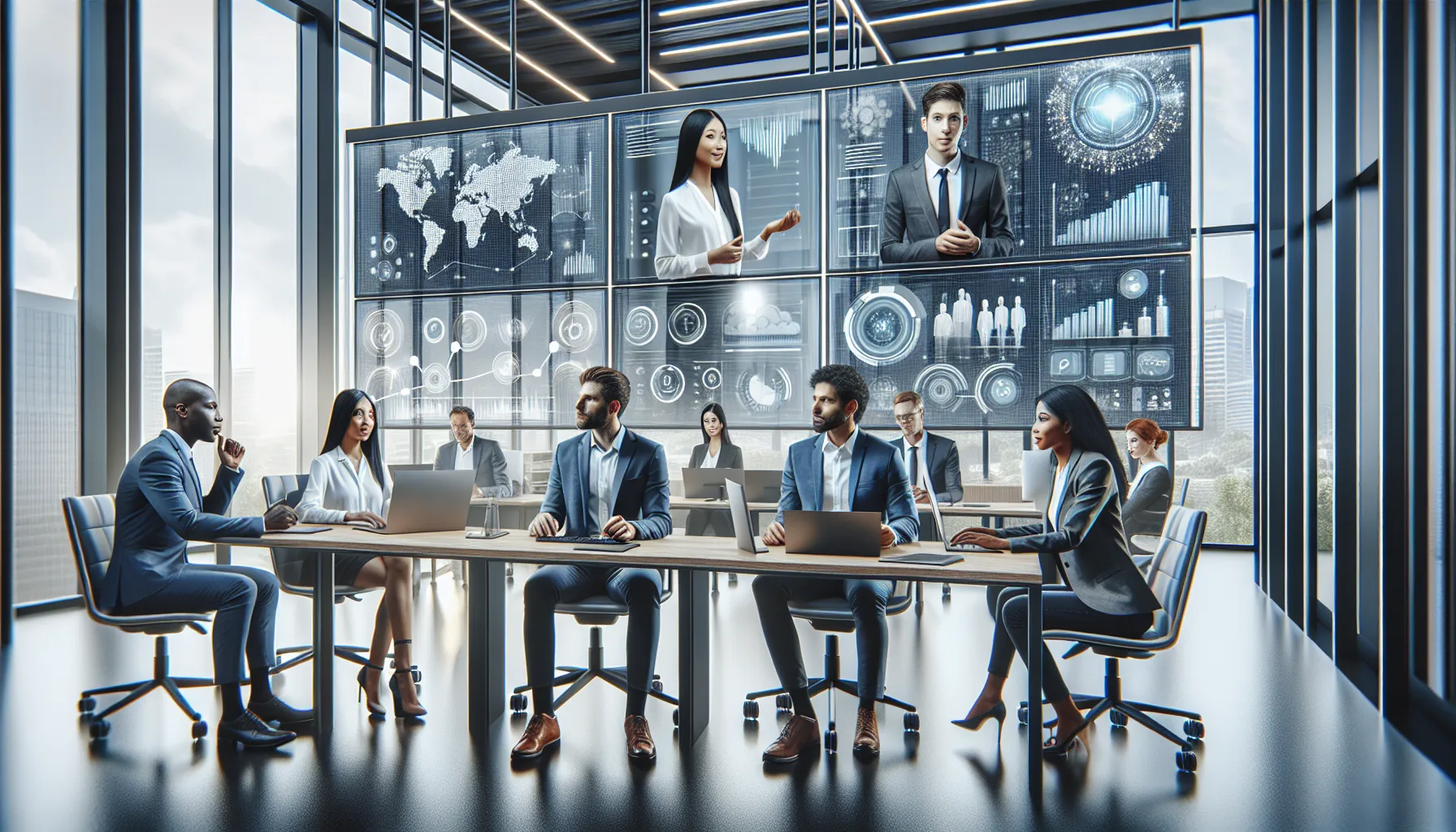 diverse professionals in a modern office discussing communication technology.