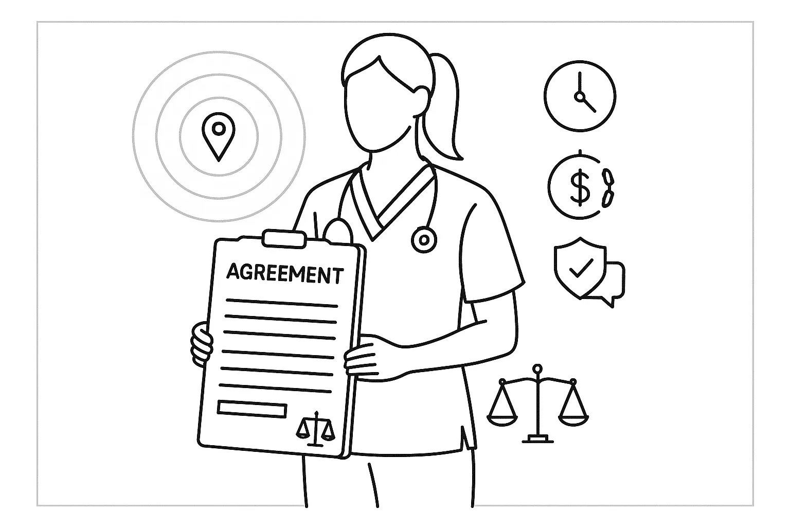Nurse practitioner holding a contract with map radius and legal icons of Nurse Practitioner Non-Compete Review
