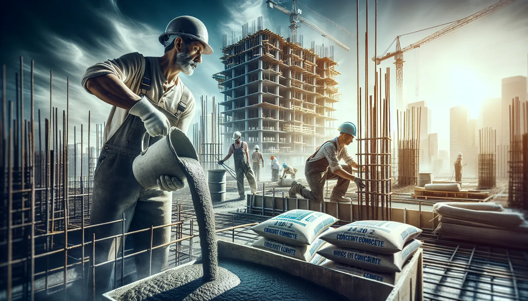 Workers pouring concrete on a construction site with cement bags visible.