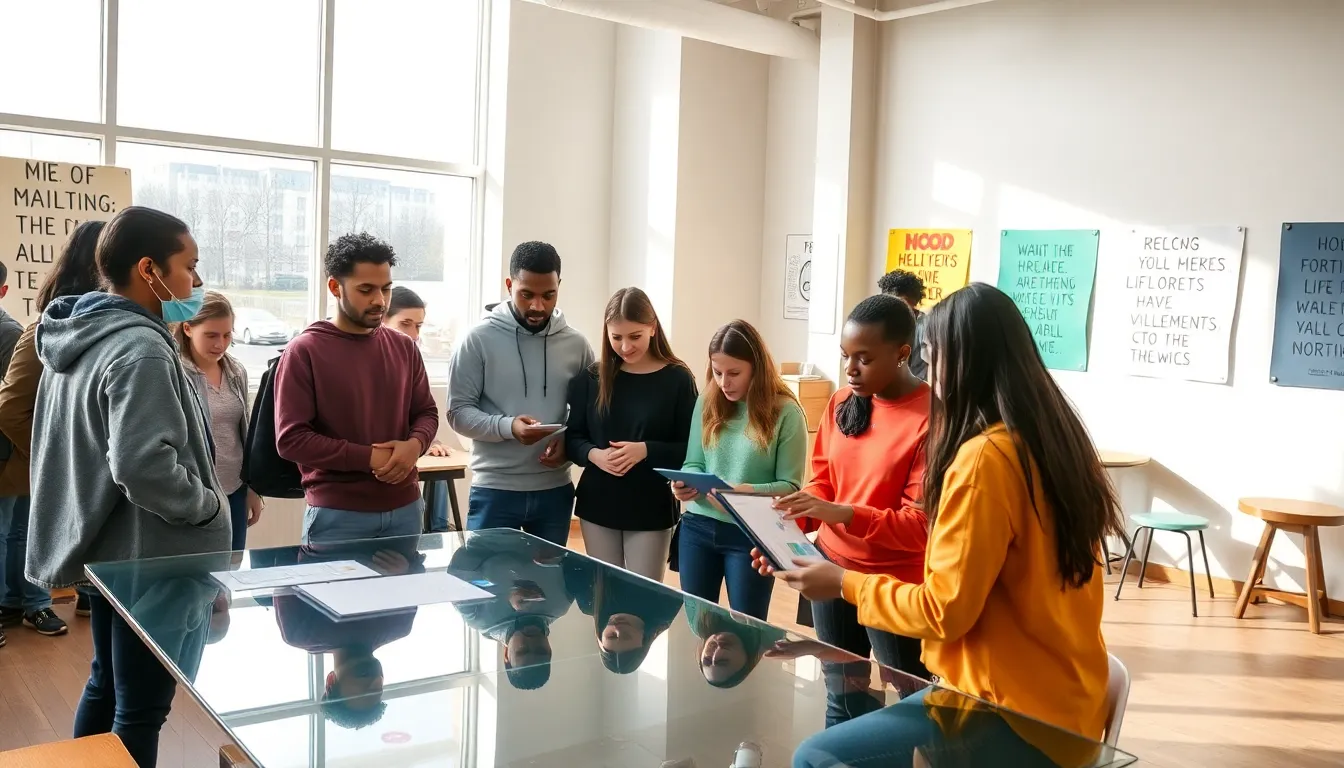 diverse youth collaborating in a bright community center.