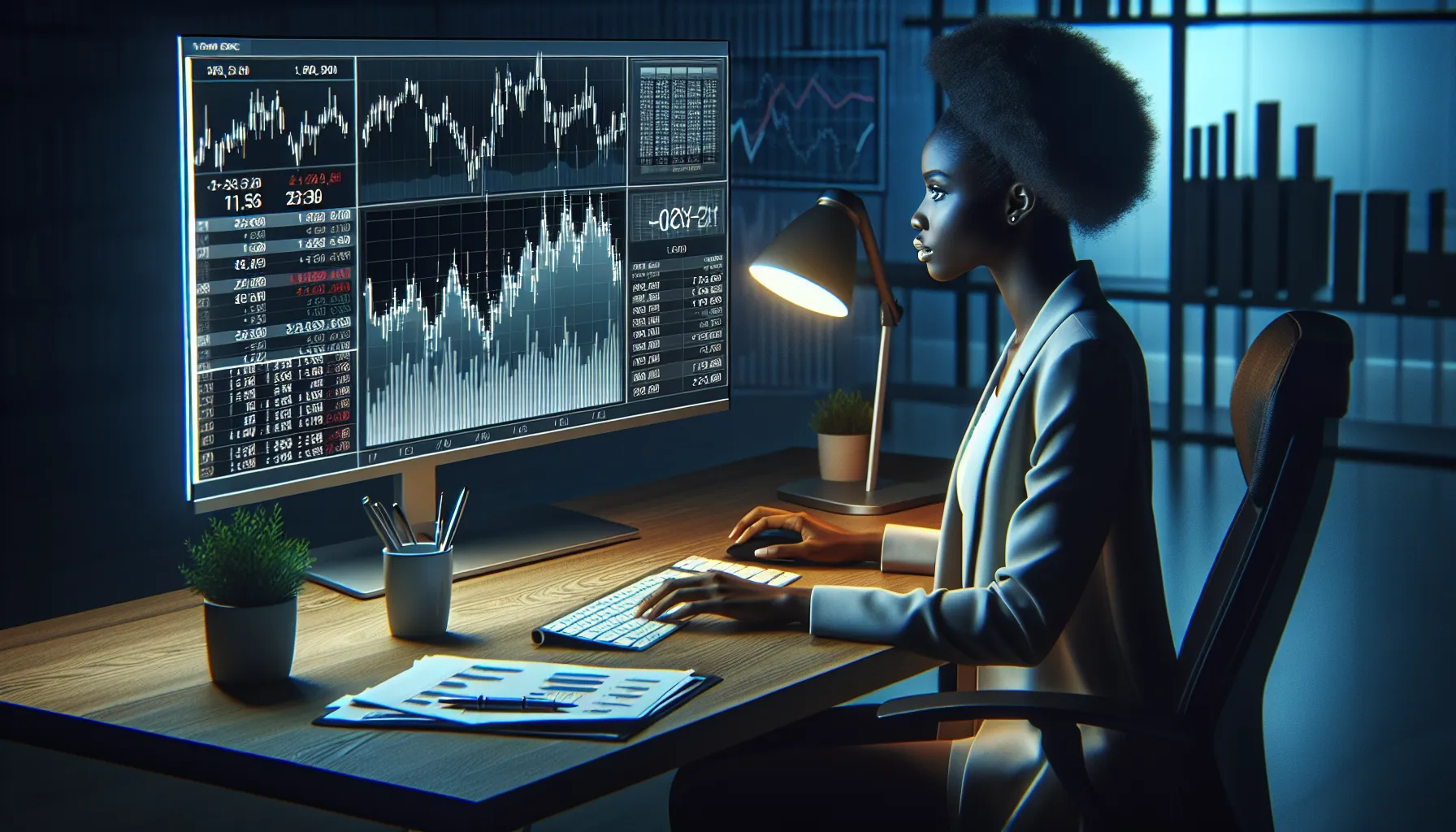 a professional reviewing financial documents at a workstation