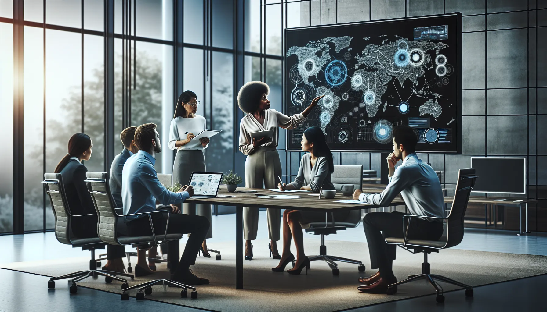 diverse team discussing technology challenges in a modern office.