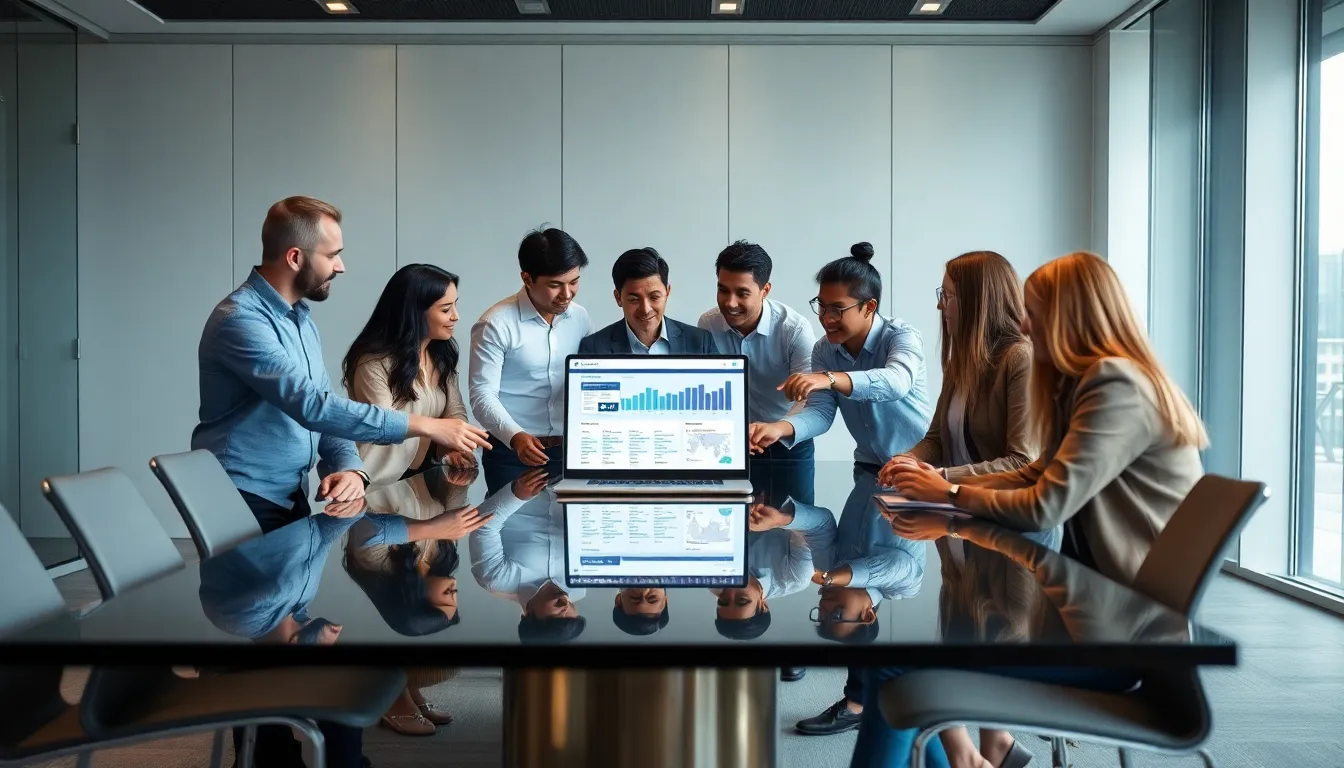 diverse team discussing technology in a modern office.