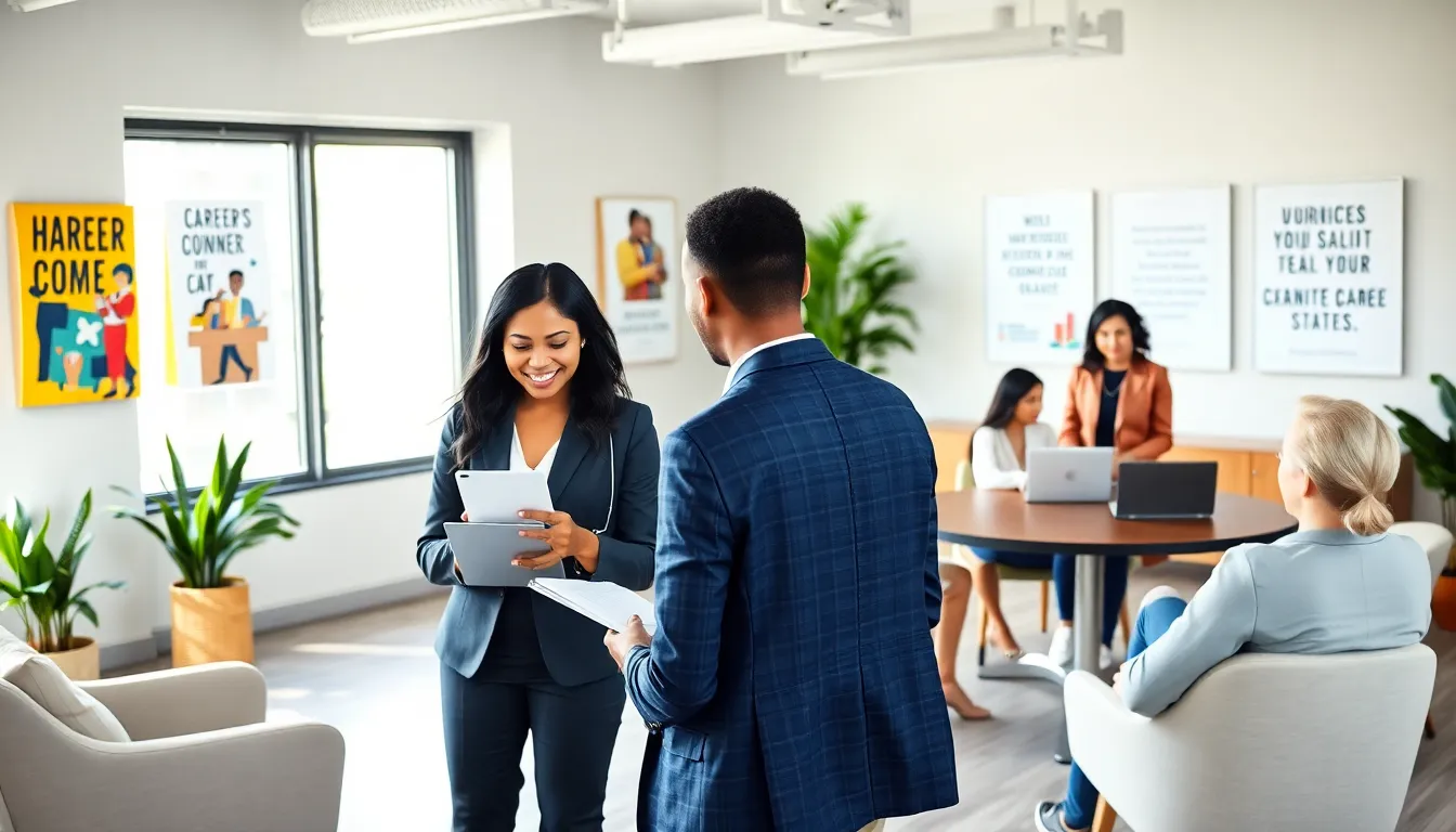 diverse professionals collaborating in a modern career development center.