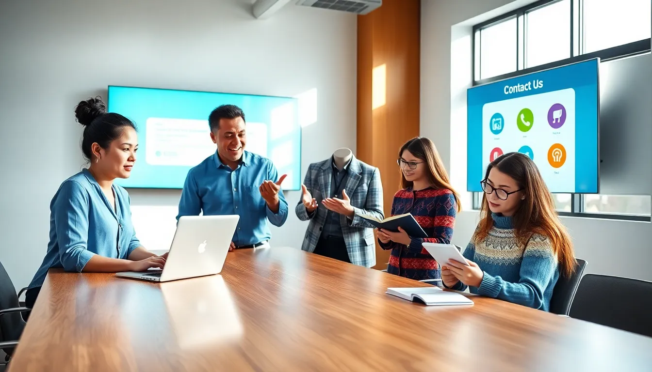 a diverse team collaborating on a contact us page concept in a modern office.