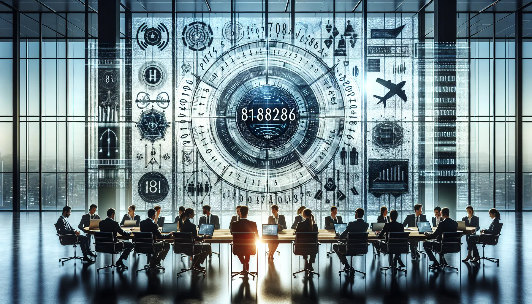 digital interface showcasing the number 8148746286 with professionals collaborating.