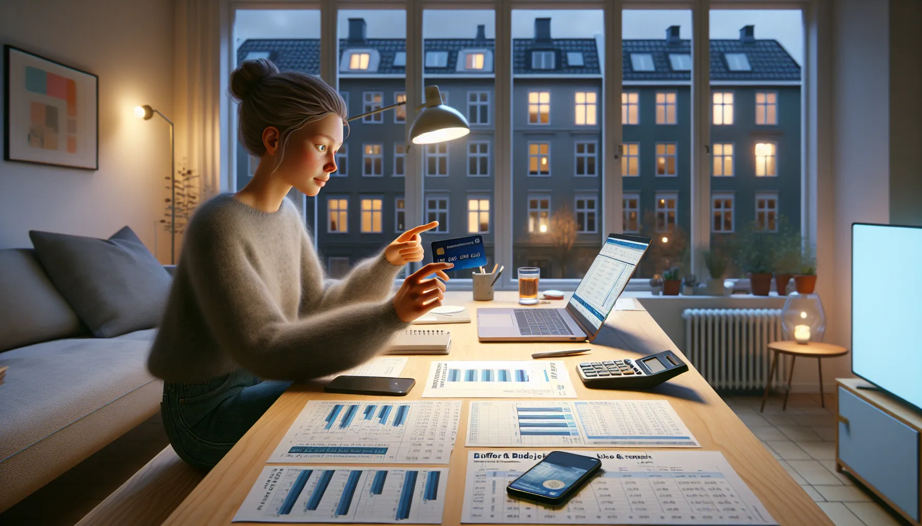Young norwegian adult planning budget with credit card and laptop at home.