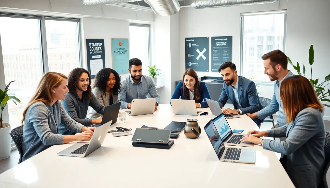 diverse entrepreneurs discussing startup marketing strategies in a modern office.
