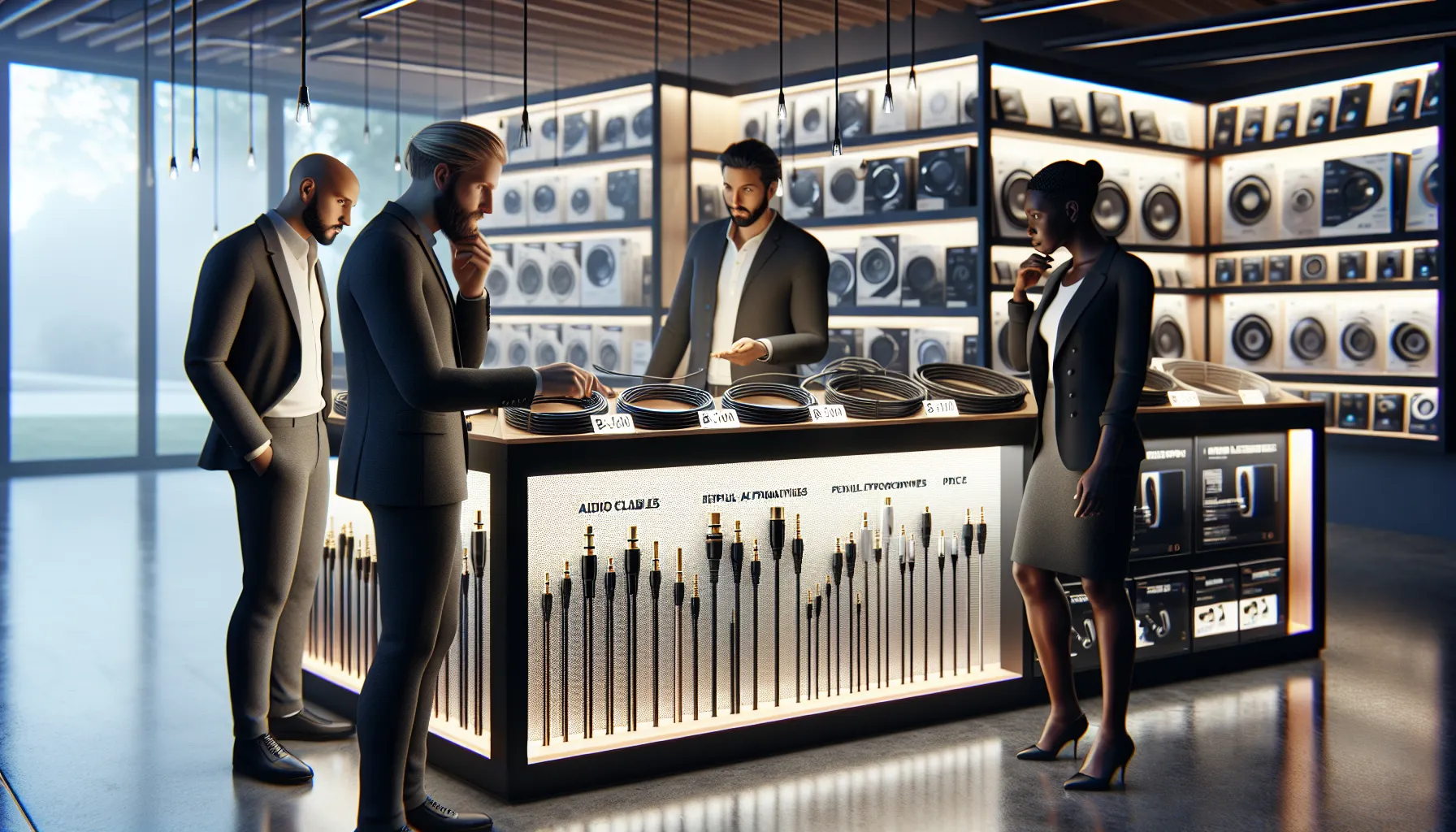 customers evaluating alternative audio cables in a modern electronics store.