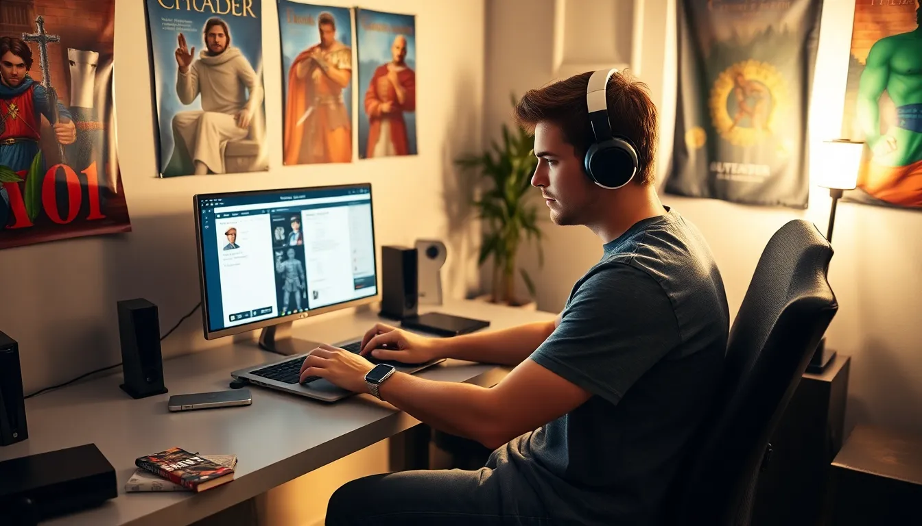 A gamer creating characters on a laptop in a cozy room.