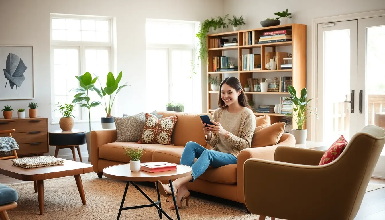 a cozy living room featuring a blend of rustic and modern furniture styles.