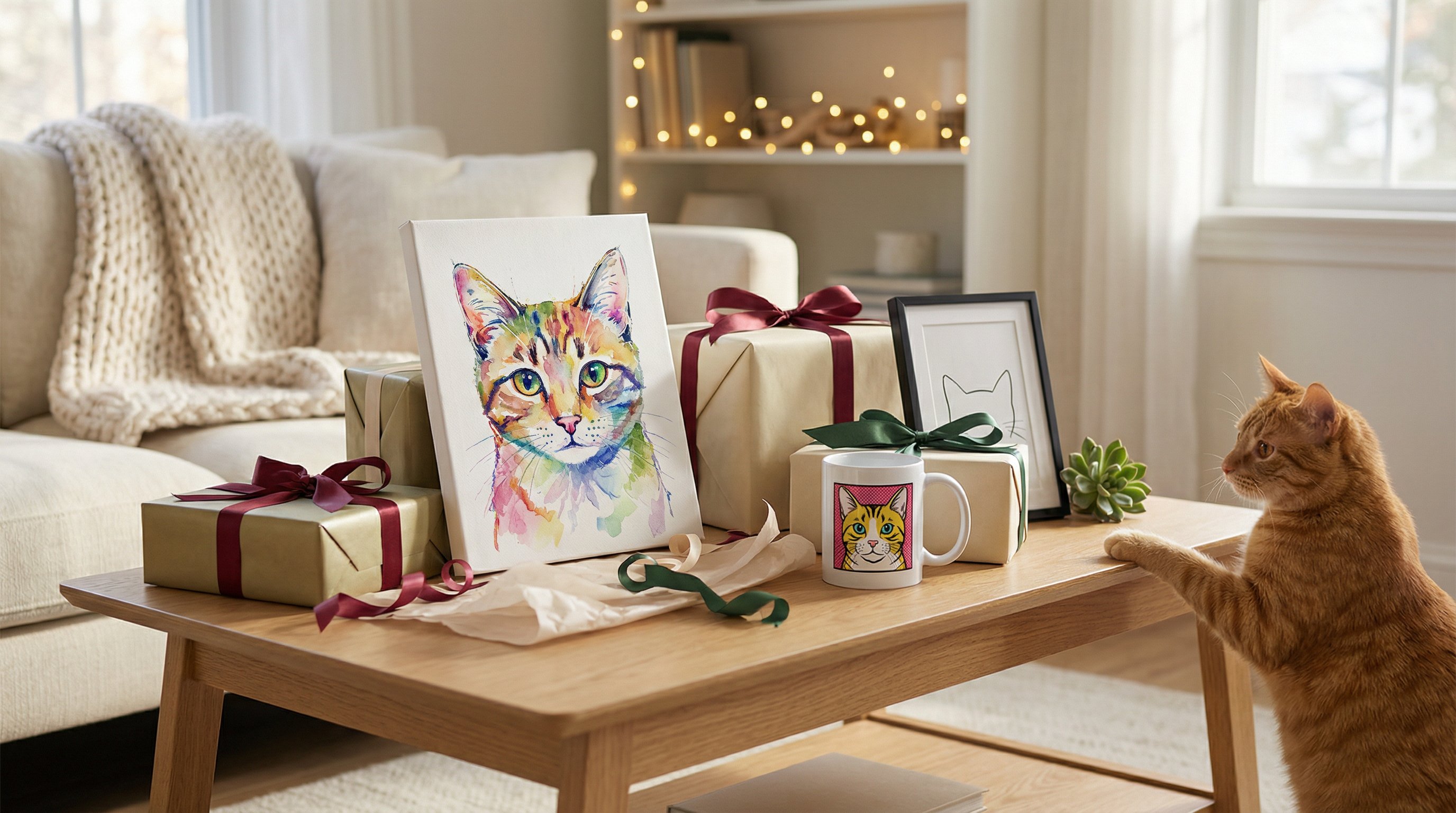 Cat portrait gifts including canvas art, a mug, and framed print on a table.