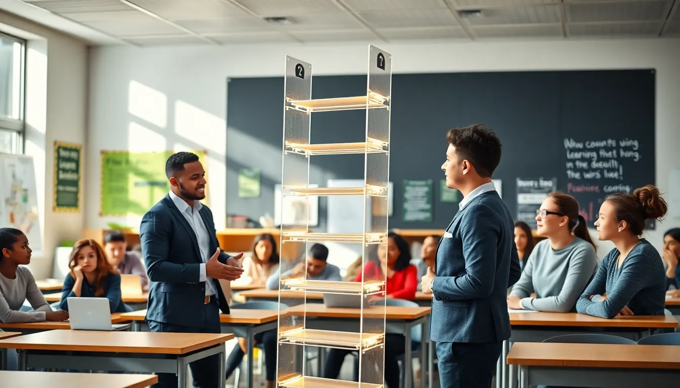 diverse students engaging with a learning ladder in a modern classroom.
