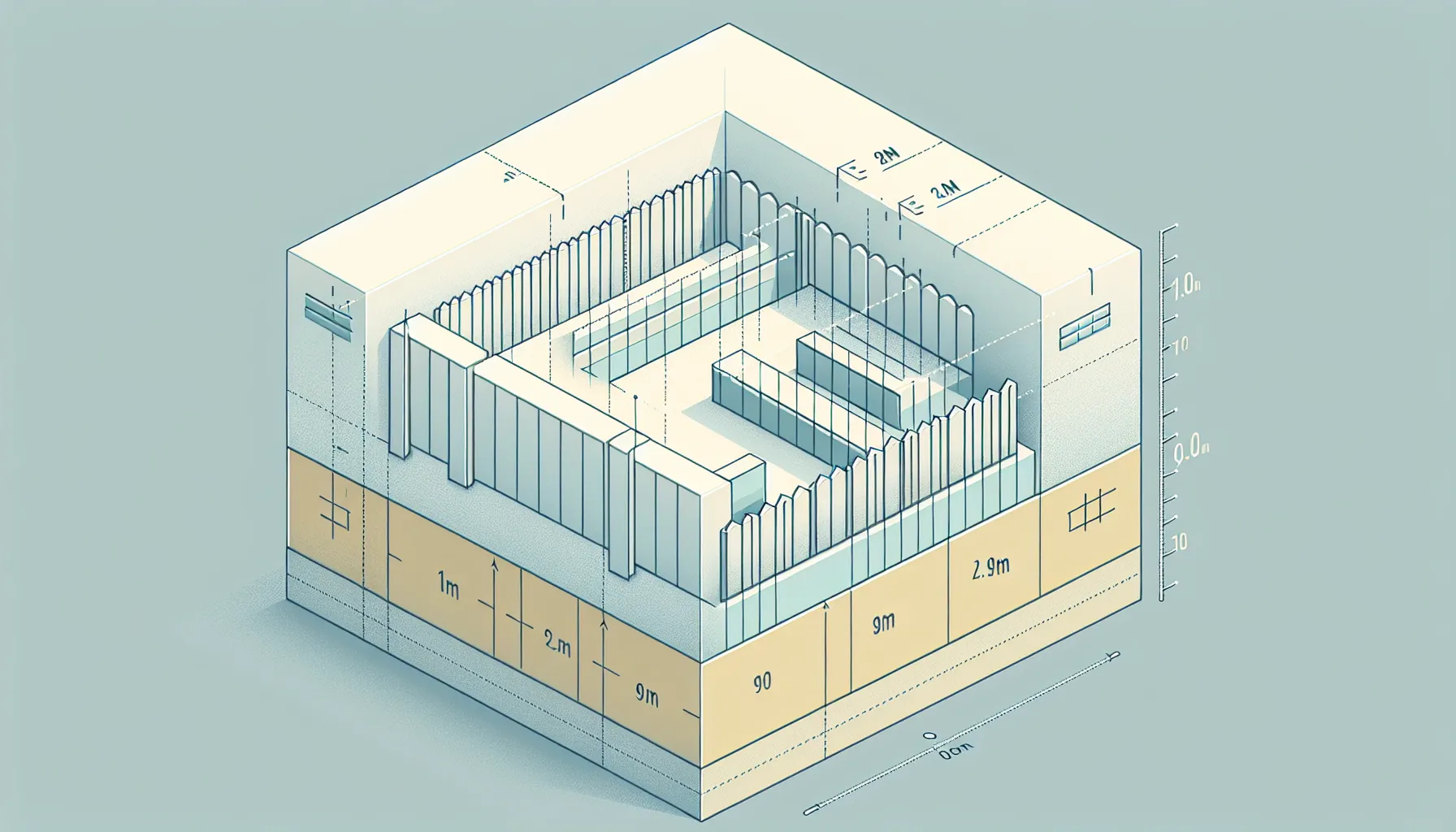 Property boundary with fence and retaining walls showing height measurements