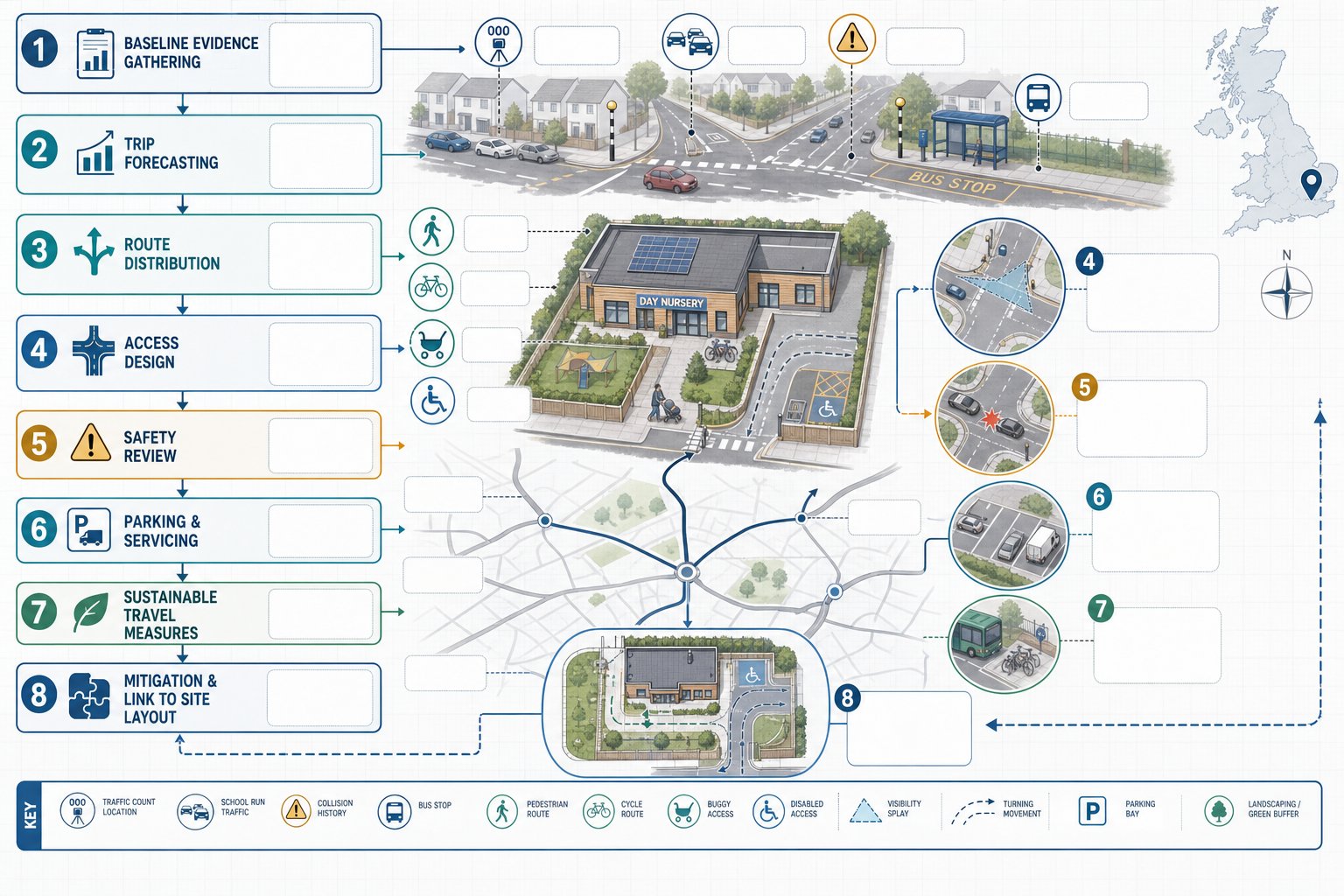 Infographic of nursery transport assessment steps, access, traffic impact, and safety review.