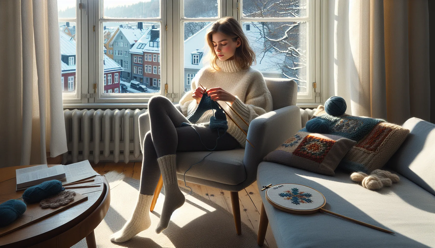Norwegian woman calmly knitting in a cozy living room with other crafts nearby.