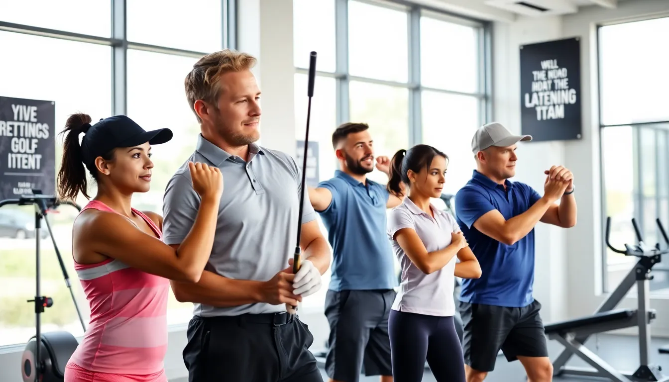 diverse golfers training in a modern gym for improved performance.