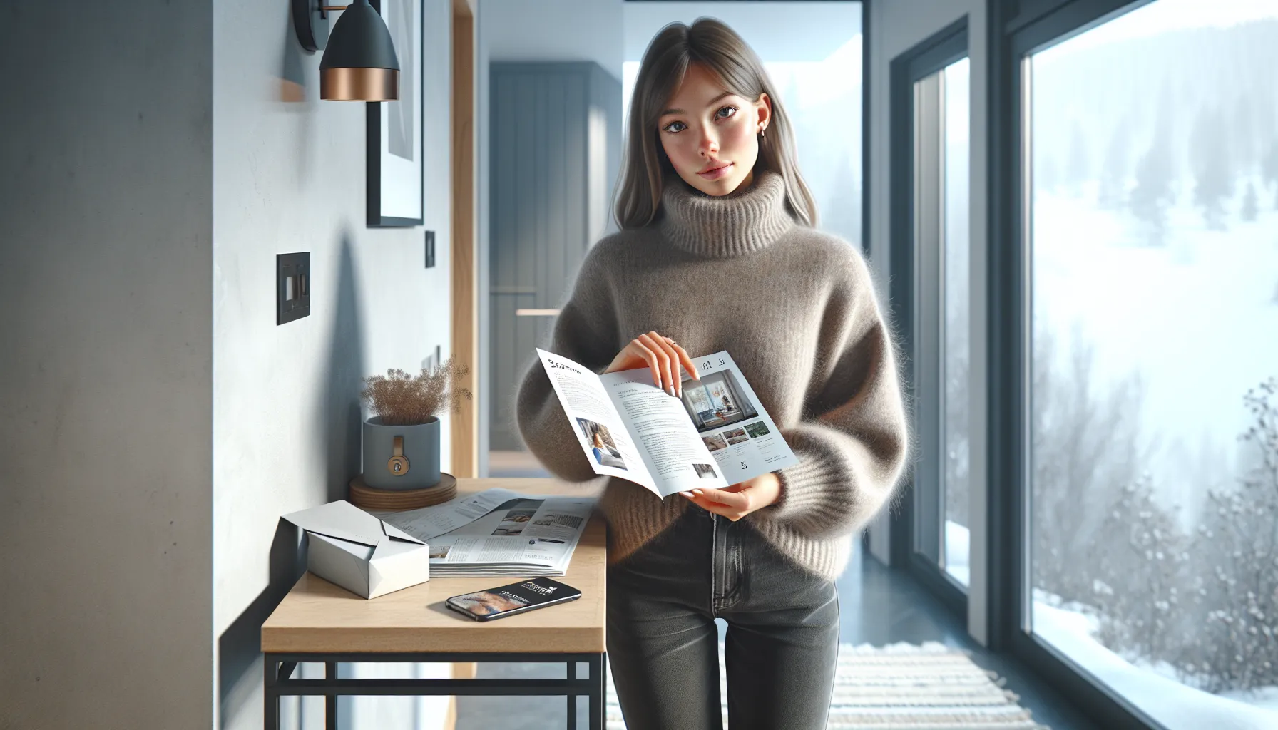 Hvorfor print fortsatt er effektiv markedsføring i 2025 3 Norwegian woman reading a premium direct-mail brochure beside an ad-filled phone.