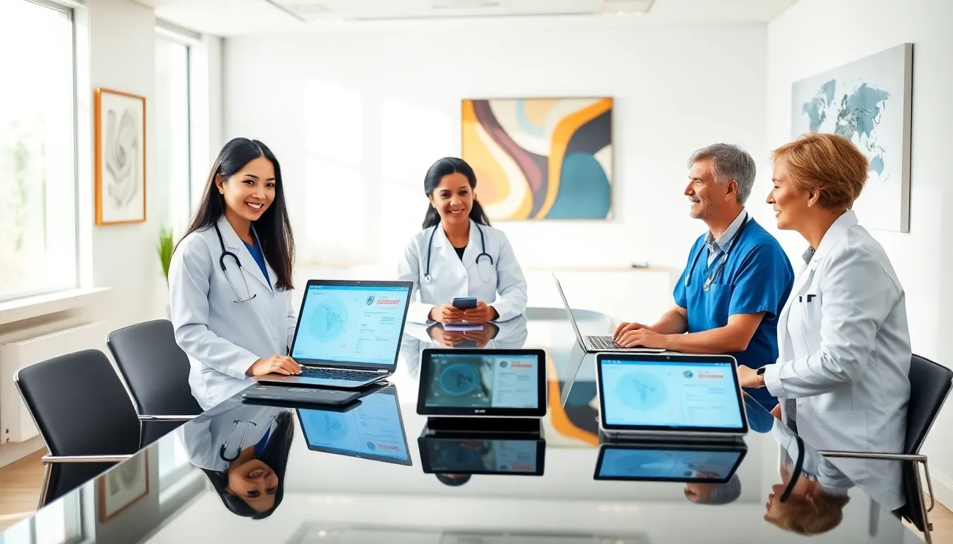diverse healthcare team discussing patient care in a modern office.