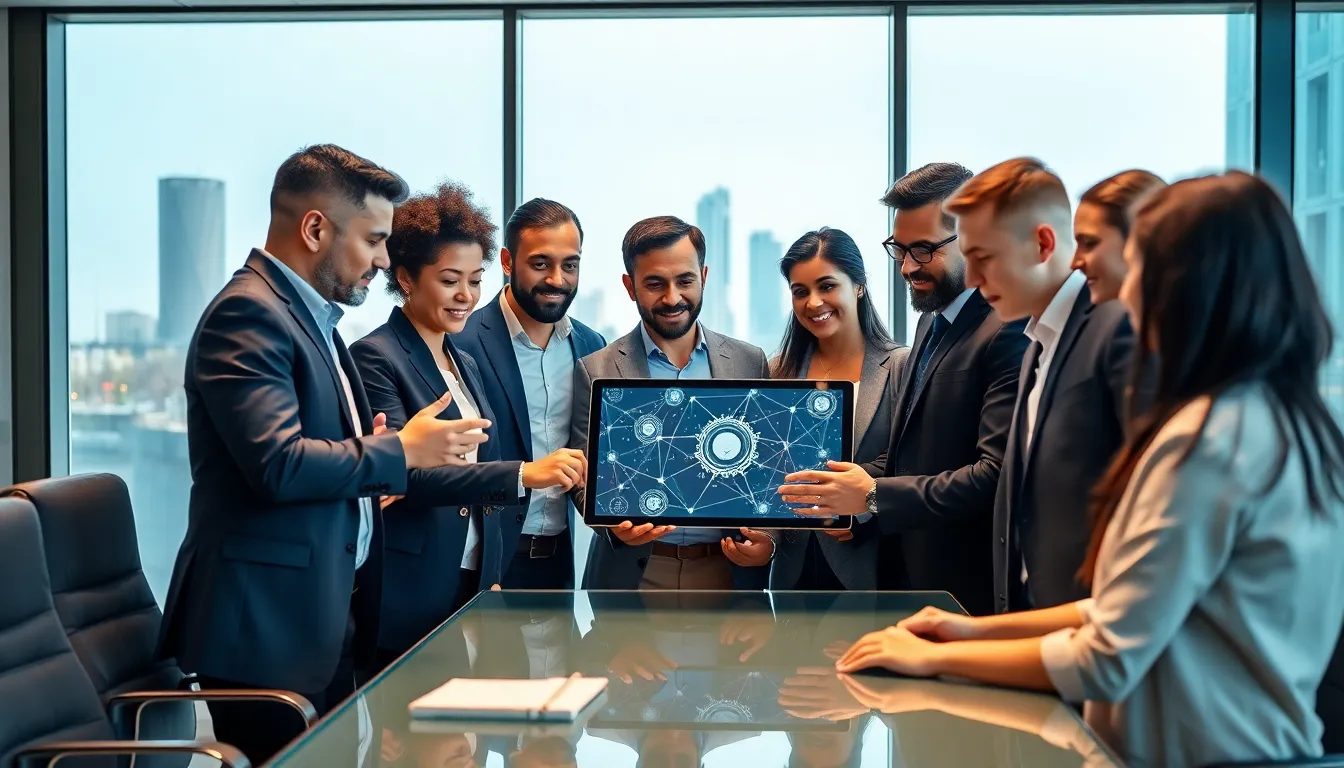 diverse team collaborating on blockchain technology in a modern office.