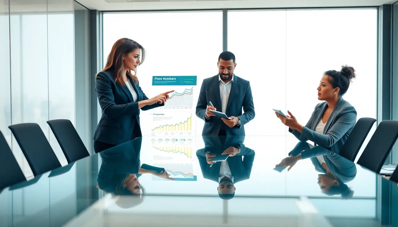 professionals discussing phone number analysis in a modern office.