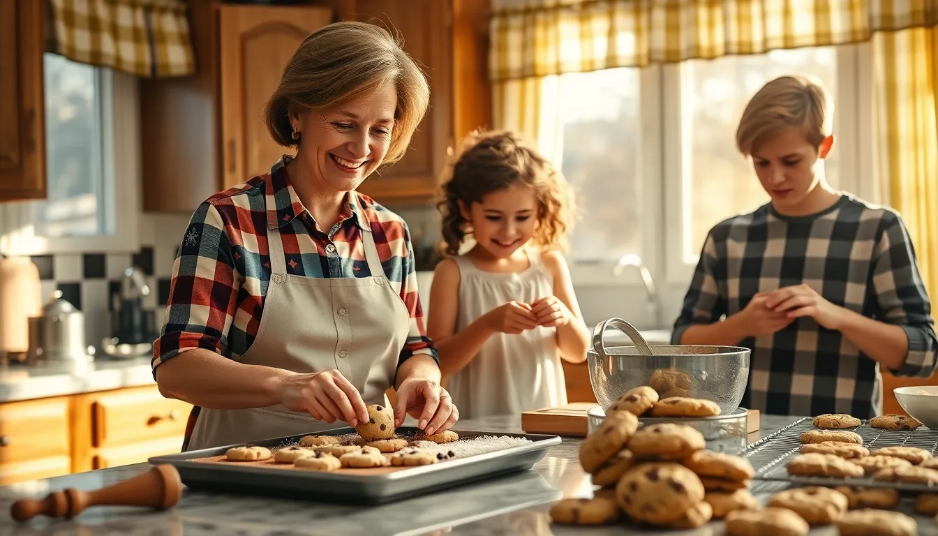 a family baking cookies together in a sunny kitchen.