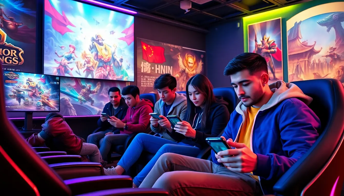 diverse group of gamers playing Honor of Kings in a modern lounge.