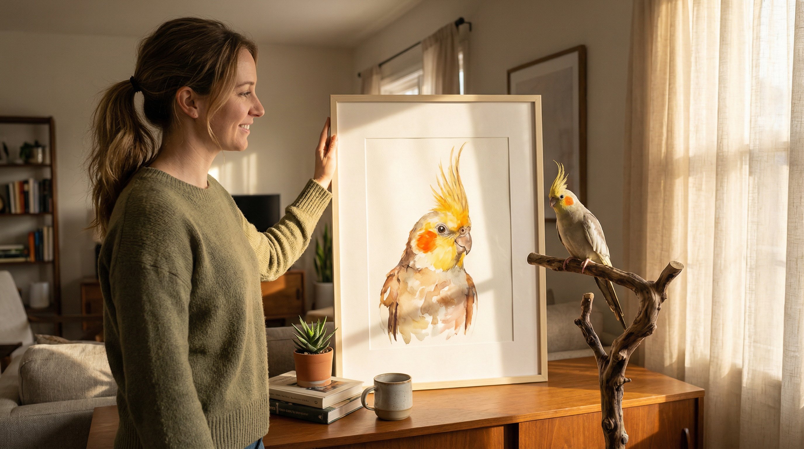 Woman admiring a custom watercolor painting of her pet cockatiel at home.