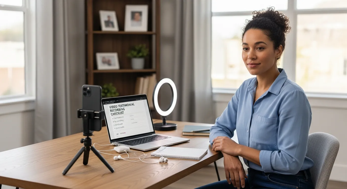Professional woman using a checklist to prepare for recording a video testimonial.