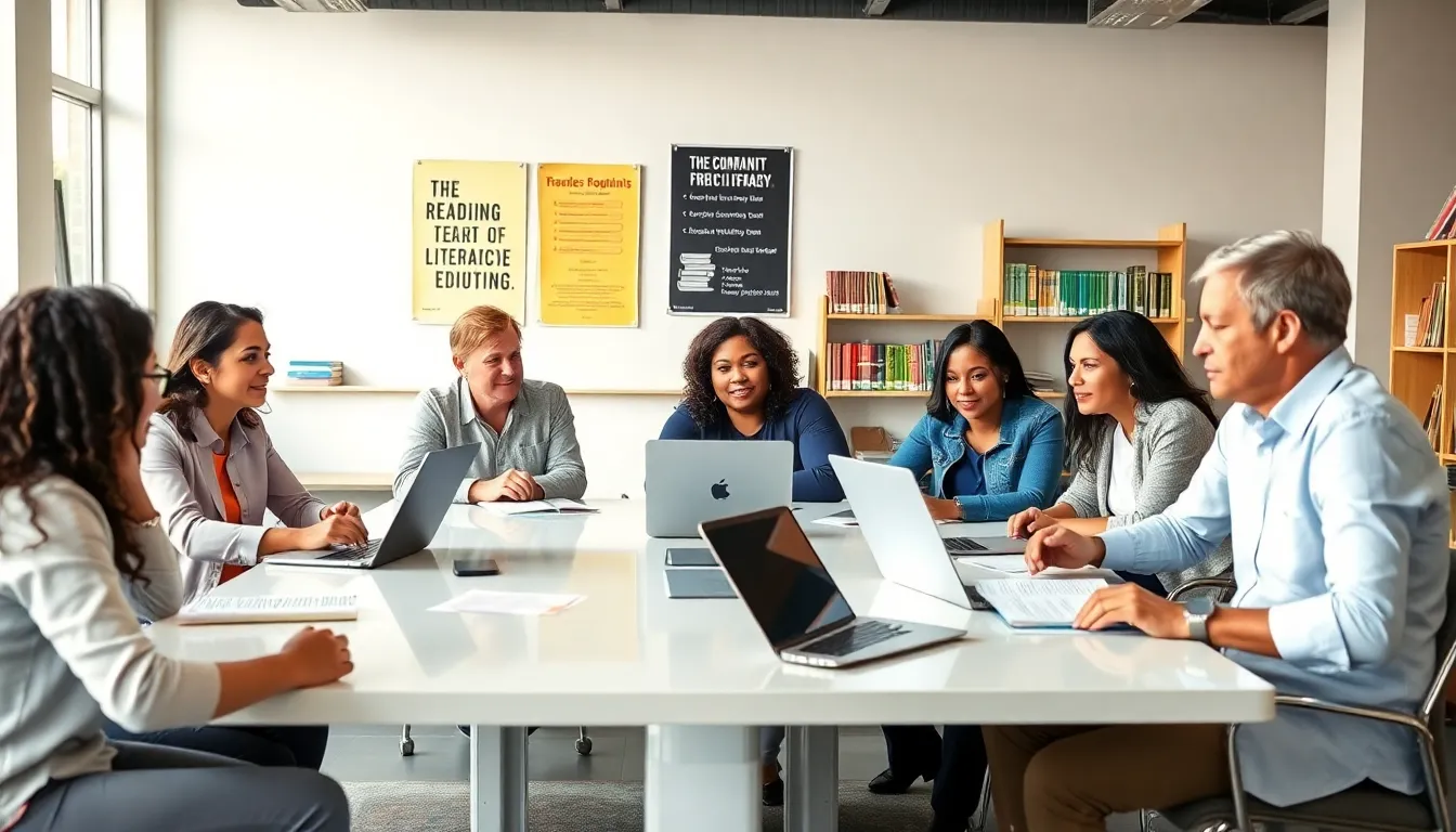 diverse educators collaborating on literacy strategies in a modern workspace.