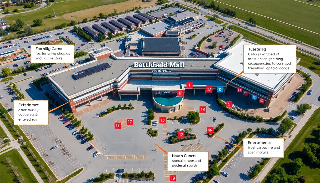 Aerial view map of Battlefield Mall in Springfield, Missouri.